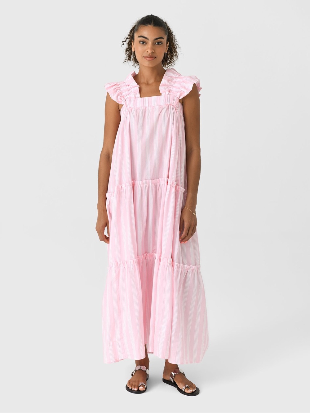 Women's LENÚ "Miri" Pink Ruffle-Strap Tiered Maxi Dress size Small